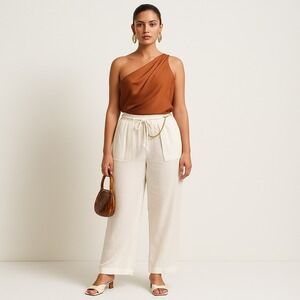 White Wide‎ Leg Lounge Pants Drawstring Waist Coastal Minimalist Beachy 3XL